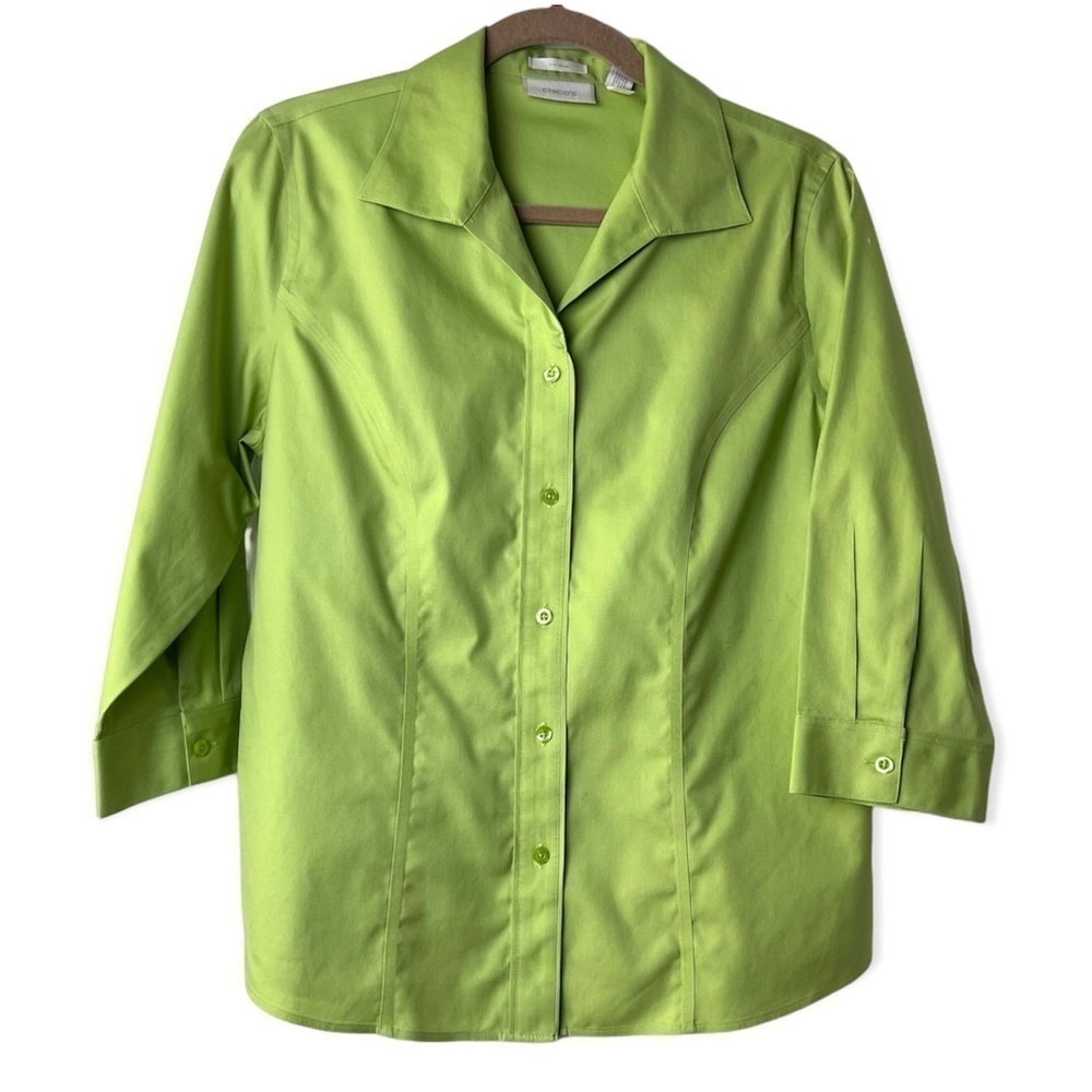 Chico’s Lime Green Long Sleeve Fitted Front Button Shirt. Size 1